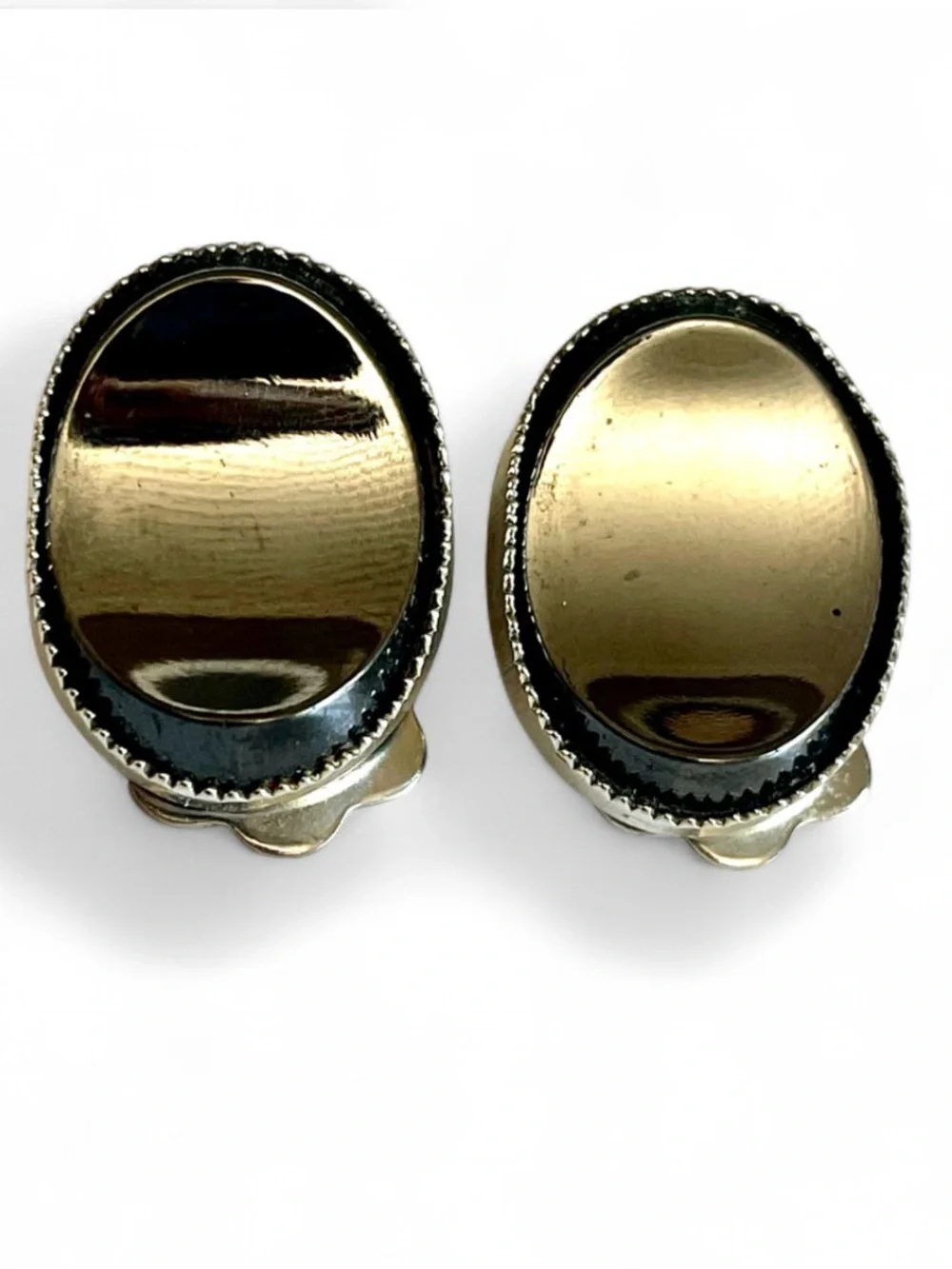 Vintage Mod Faux Hematite Black Mirror Clip On Earrings Silver Tone Retro Goth